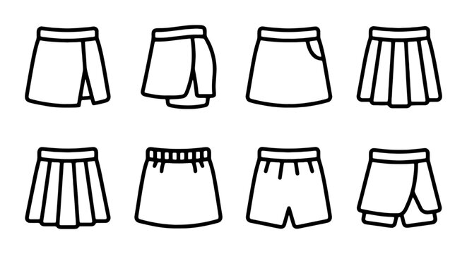 Minimalist skirt icon set, 8 female clothing vector elements, black outline fashion signs