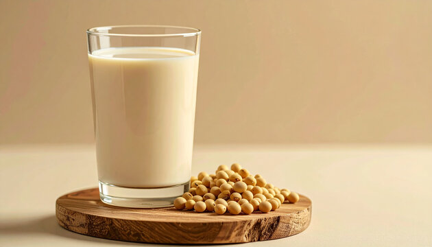 Elegant glass of creamy soy milk on wooden board, small pile of organic soybeans, beige background, healthy plant-based milk