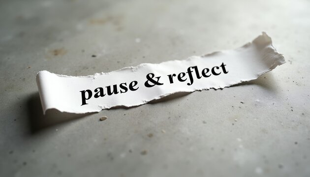 Torn paper strip with words pause and reflect. Reminder for mental wellness, personal time out. Take a break from stress and busy life. Consider your thoughts and feelings.
