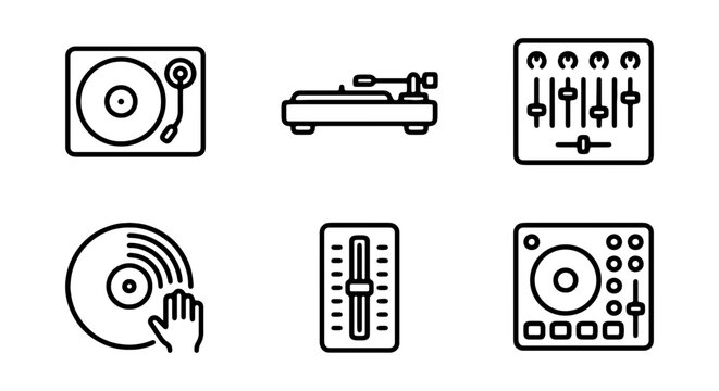 DJ equipment, music icons, audio mixer, turntable, soundboard