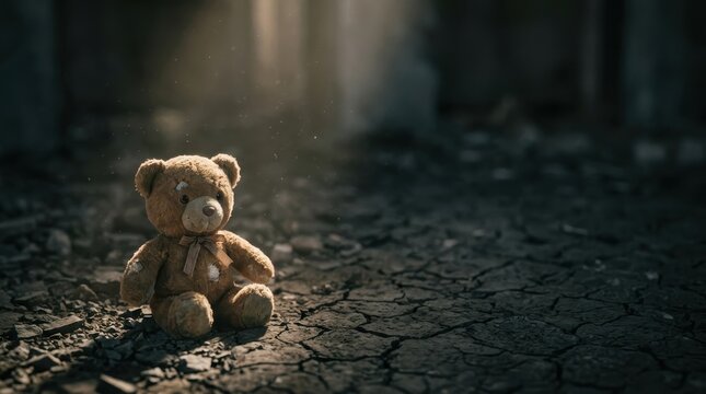 Worn teddy bear sitting on cracked dry earth in a desolate ruin, representing the innocent children victims of aggression and humanitarian crisis