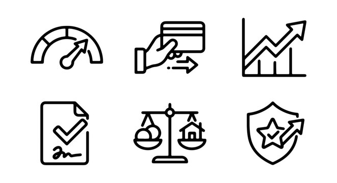 Business finance icons, financial symbols, 6 line icons, commerce graphics