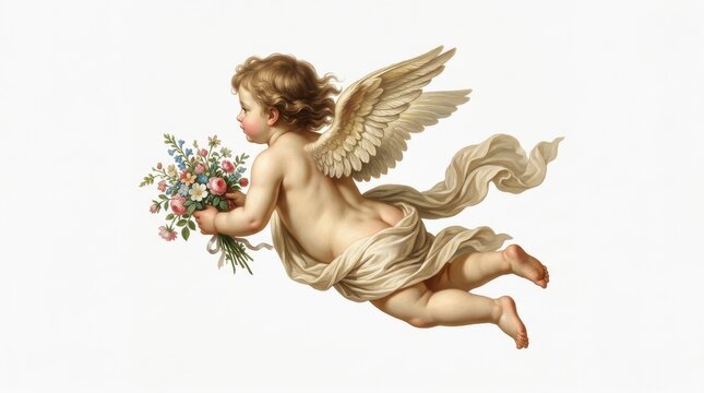 Flying cherub cupid holding a bouquet of spring flowers, classical art style illustration, isolated on white background for romantic holiday greeting cards and decorations