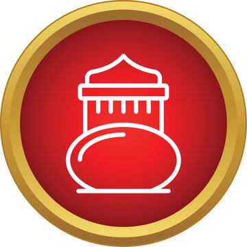 White outline of a dome and minbar inside a red circle with gold border