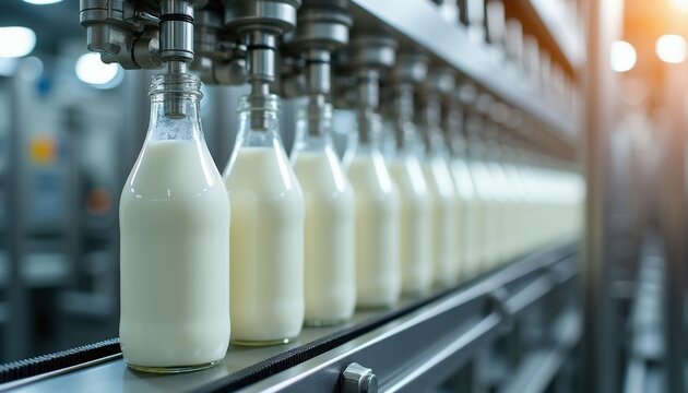 Automated line fills glass bottles with fresh milk in dairy factory. Metal machines work on production line. Bottles move on conveyer belt, ready for packaging.
