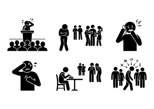 6 Social Anxiety icons depicting public speaking fear, loneliness and panic, outline solid styles, UI and web interface design