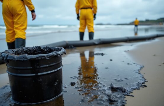 People in protective suits clean oil spill on sand beach. Black tar coats shore near ocean water. Containment boom lies on sand as cleanup operation continues. Workers gather waste in bucket.