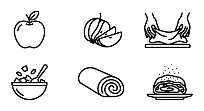 Food icons, black line drawings, fruit and meals, 6 pcs