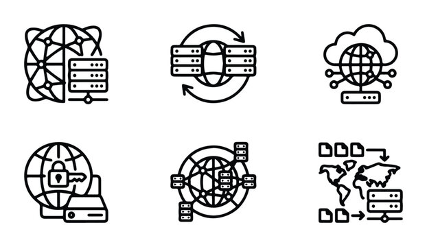 vector set of network and security symbols including globe with lock server racks cloud computing data transfer arrows