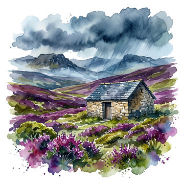 Stone bothy shelter on a heather moorland, purple blooms surrounding it Watercolor Landscape Painting Illustration