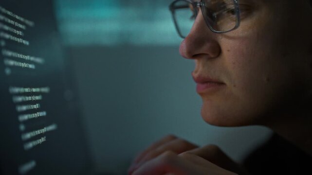 In a modern workplace, a programmer with glasses works at a desktop PC, using artificial intelligence to accelerate code writing, dramatically increasing task speed while maintaining careful focus