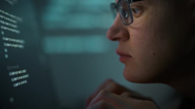 In dimly lit room at night, programmer wearing glasses writes code. Leveraging artificial intelligence, they generate code at remarkable speed, highlighting AI-driven efficiency software development