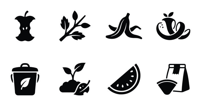 Composting Icons Set, Organic Waste Symbols, Eco-Friendly Recycling Graphics, Food Scraps and Plant Growth Vector Elements