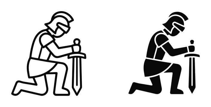vector kneeling warrior swordman icons with black and white outline style