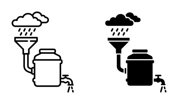 2 Rainwater harvesting icons cloud funnel tank faucet, outline solid styles, UI and web interface design