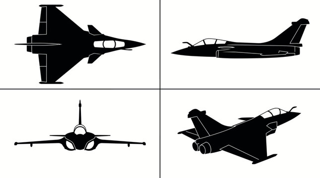 Dassault Rafale Fighter Jet Black Silhouette Set 4 Angle Views Top Side Front Vector Illustration