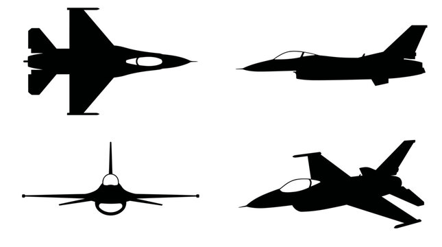 F-16 Fighting Falcon Fighter Jet Black Silhouette Set 4 Views Top Side Front Angle Vector Illustration
