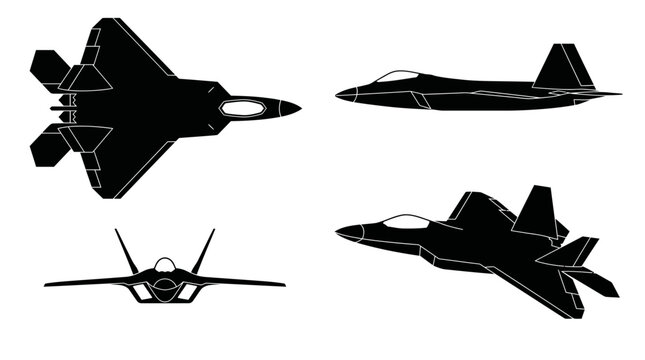 F-22 Raptor Stealth Fighter Jet Black Silhouette Set 4 Views Top Side Front 3/4 Angle Vector Illustration