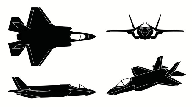 F-35 Lightning II Stealth Fighter Jet Black Silhouette Set 4 Angle Views Top Side Front Vector