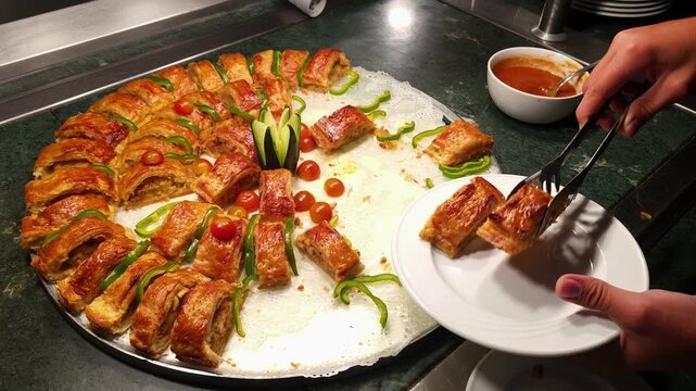 Chef serving golden flaky puff pastry fish pie slices at hotel buffet &mdash; catering food service stock footage