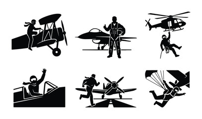 vector illustration of various aviation activities including biplanes jets helicopters and parachuting © Lamiya