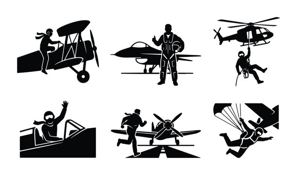 vector illustration of various aviation activities including biplanes jets helicopters and parachuting
