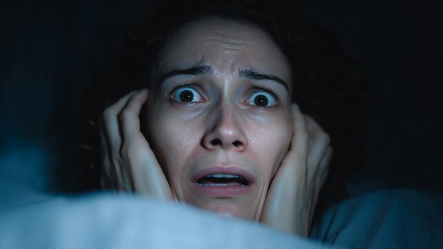Young woman in dark bedroom gripping face in terror, beads of sweat on forehead, wideeyed stare at unseen screen, shallow breathing and tense posture convey