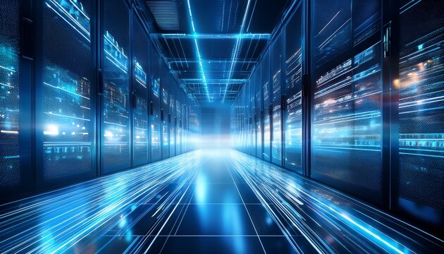 abstract futuristic data center with glowing lights and blurred perspective representing technology innovation and digital transformation in the background