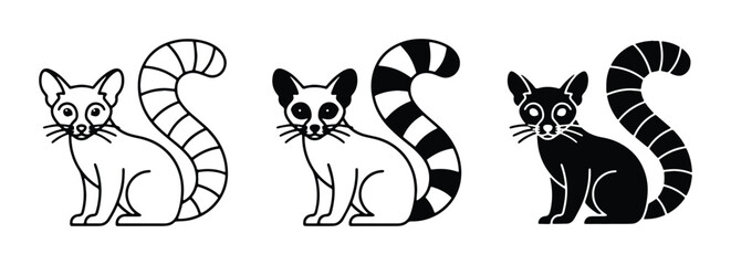 Lemur Icons, Ring-tailed Mammal Vector Graphics, Cute Primate Illustrations, Stylized Wildlife Art, Black and White Animal Silhouettes © Sharmeen