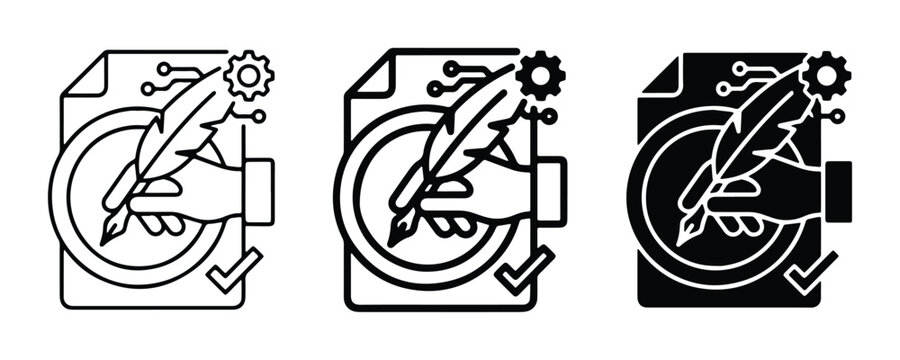 writing tools set with gear and checkmarks in black and white outline style