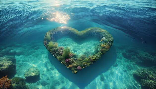 heart shaped rock underwater in crystal clear sea