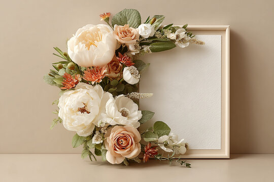 Canvas Frame Mockup with Neutral Floral Decor, Elegant Wall Art Presentation Background for Printables