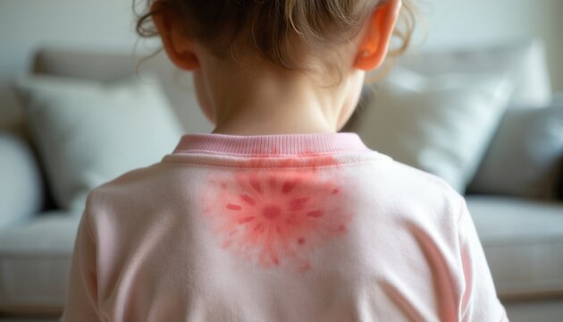 Childs back shows red heat rash or skin irritation on light pink shirt collar area. Little kid suffering from prickly heat, discomfort from sweat. Causes include heat humidity and overtiredness.
