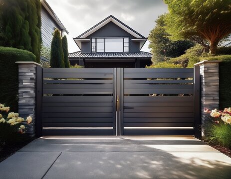 high dark grey home door aluminum gate gray slats portal garden of suburb house