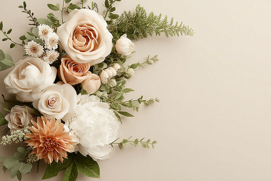 Blank Frame Mockup on Neutral Beige Wall with Floral Arrangement, Minimal Wall Art Display with Copy Space