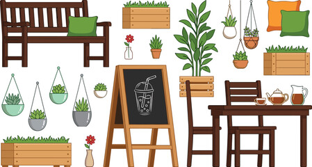 Cafe furniture and decor collection with wooden bench, table, chalkboard menu, plants, and cozy interior elements vector illustration set © MdAbdul