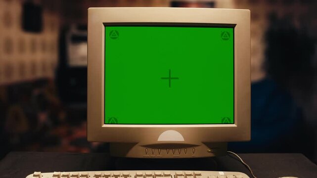 Retro pc computer gaming, Desktop vintage with loading code console, programmer making scripts, green basic screen, Old computer studio close-up, retro wave display, late 90s PC.