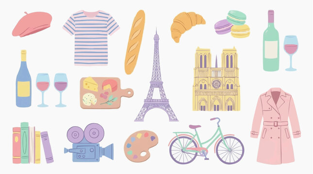 Set of hand drawn paris travel elements including eiffel tower, croissant, wine, cheese, bicycle and fashion items