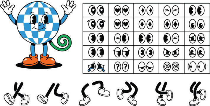 Cartoon mascot character kit with facial expressions, eyes, legs poses, and customizable animation elements, fun vector illustration set