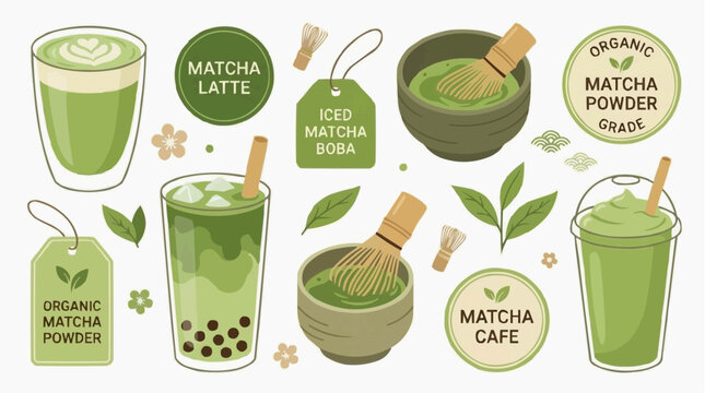 Set of matcha green tea drinks and accessories