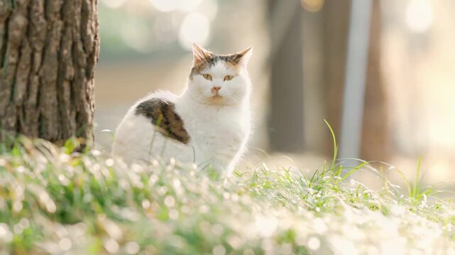 Sunlit calico cat sitting by stone structure in a quiet urban courtyard