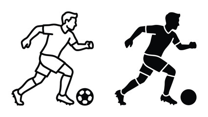 Fototapeta premium Soccer Player Icon Set, Dynamic Football Athlete Silhouette and Outline Vector Graphics, Sport and Game Elements for Athletic Design