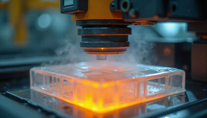 Naklejka premium Heated plastic sheet molds into shape with steam rising. Industrial machine forms item using heat and vacuum. Thermoforming process creates product with precise details.