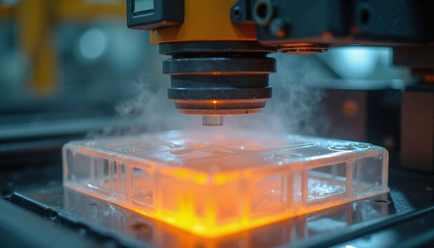 Heated plastic sheet molds into shape with steam rising. Industrial machine forms item using heat and vacuum. Thermoforming process creates product with precise details.