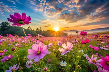 Obraz premium Vibrant pink and purple cosmos flowers in a field at sunset