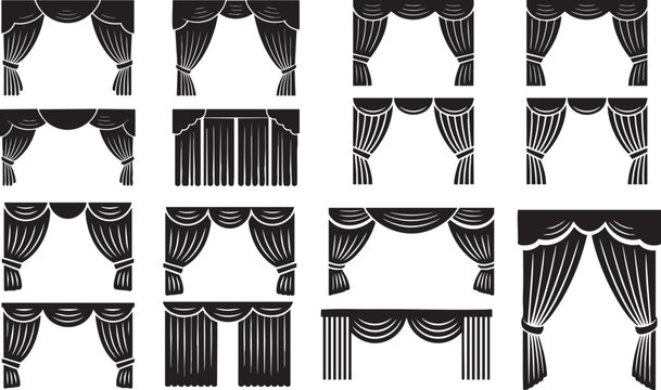 Theater curtain and window drape silhouette collection icons with silhouette