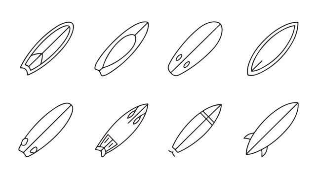 Set of eight different surfboard icons in line art style