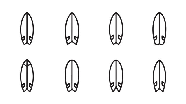 Set of surfboard icons in simple black line art style
