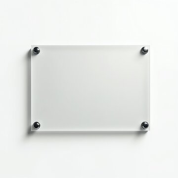 Frosted acrylic rectangular panel secured by metal standoffs on white wall. Clear glass-like surface for custom text. Modern office sign or display board concept.