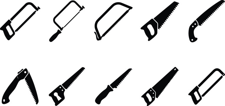 Hand saw tools icons set, black silhouette vector collection with wood cutting saws, carpentry equipment, workshop tools, minimal design isolated on white background